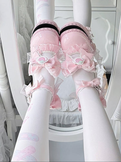 Strawberry Cream Theme Pink Lolita Shoes with Kawaii Heart & Bowknot Decor Heels - Cute Bunny