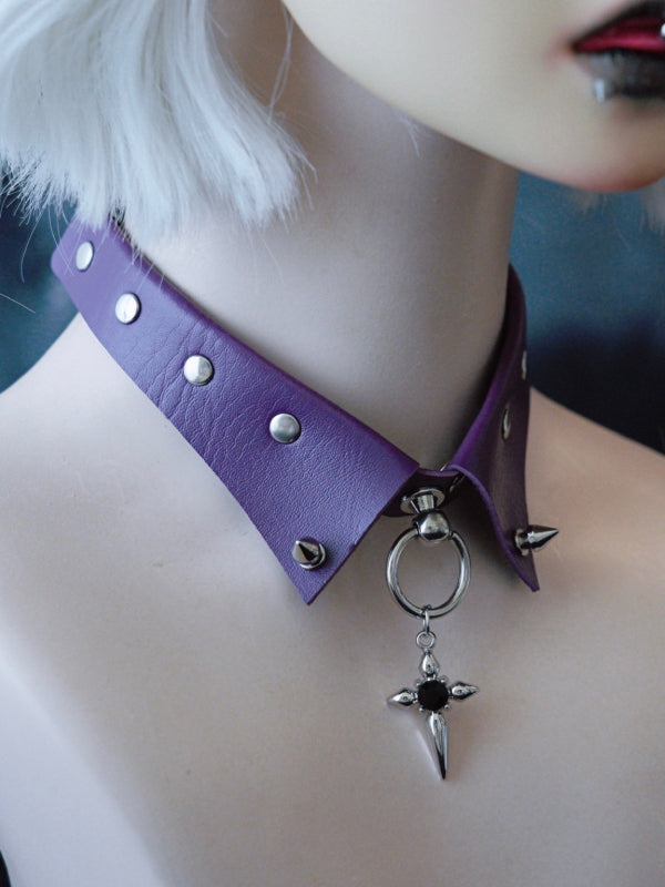 Gothic Cross Decorated Rhinestone Choker Details Purple Studs Pendant