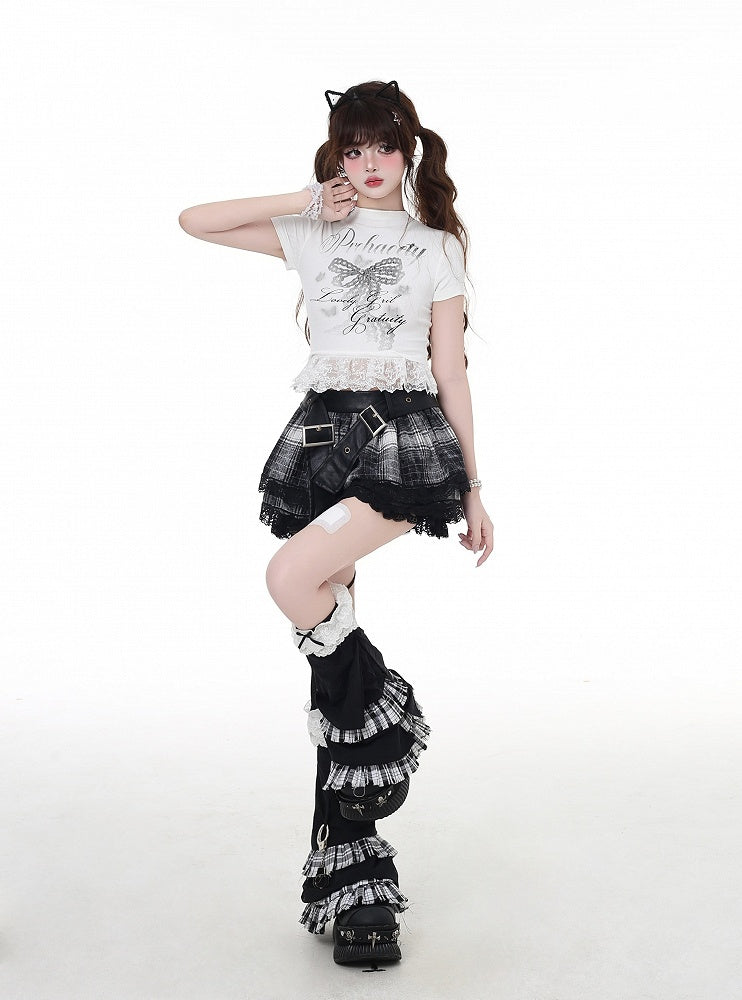 リボンプリントのグラマラスなクロップドネックとレースヘムのTシャツ グレー/ホワイト モック