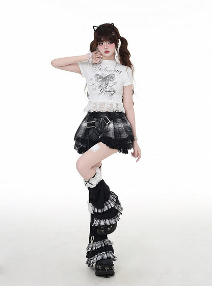 リボンプリントのグラマラスなクロップドネックとレースヘムのTシャツ グレー/ホワイト モック