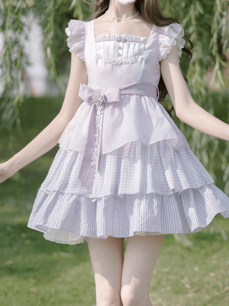 Skirt Floral with Tiered Sweet Lavender Flutter Sleeves Dress