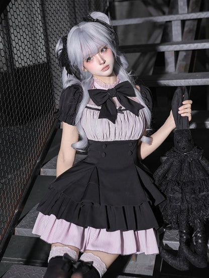 Black & Pink Square Neck Dress with Bow Brooch and Hair Clip - With PUJI