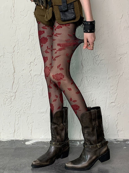 BlackRed Pattern Tights Gothic Rosette