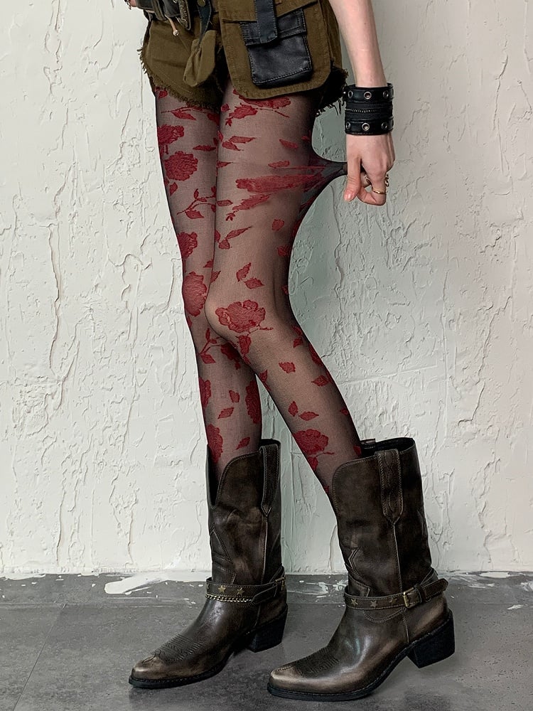 Pattern BlackRed Tights Rosette Gothic