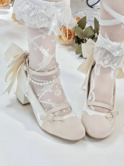 Back Detail Apricot Janes Beaded in Sophisticated Mary Bow Mid-heel PU White Classic Chain Leather