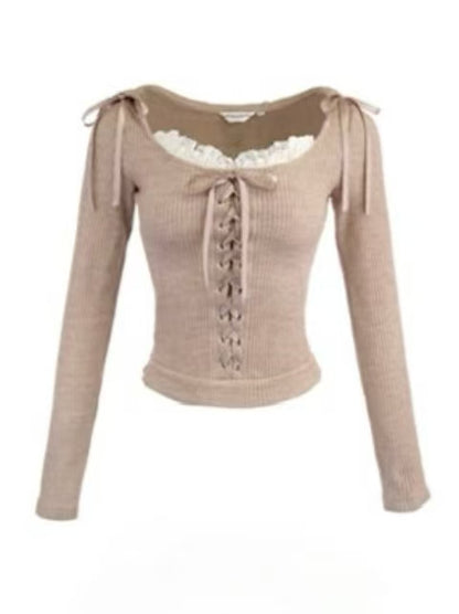 Bow Knit With Adjustable Milk Front Lace-Up Hoodie Tea Accents