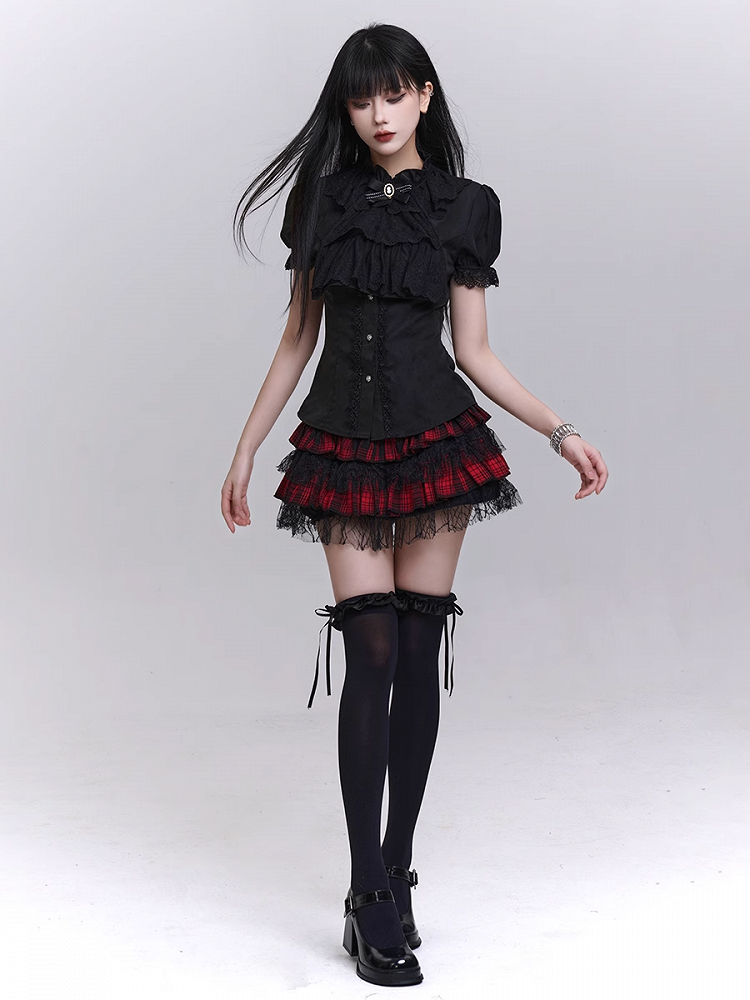 取り外し可能なジャボ付き、ブラックのパフスリーブのヴィンテージゴシックブラウス