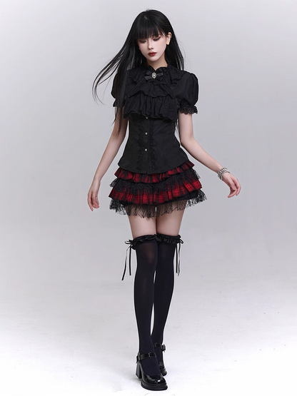 取り外し可能なジャボ付き、ブラックのパフスリーブのヴィンテージゴシックブラウス