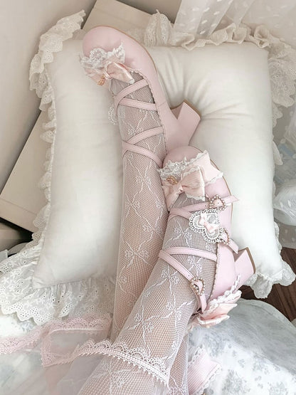 Schuhe Details Heels Bowknot Riemen Süßes Design Rosa Schnalle 2CM/5CM Herz Lolita Crisscross Block