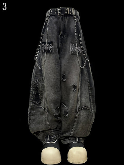 レタージーンズ 穴あきディテールカット ダークディストレストグレーアップリケ ワイドレッグ