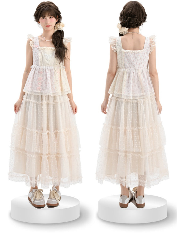 Rosa Tanktop mit flatternden Ärmeln, Schleife und Rüschen, Blumenmuster, Spitzenbesatz