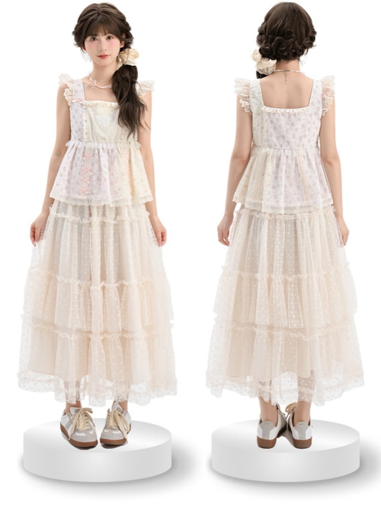 アプリコット ゴムウエスト ハート柄 メッシュ ティアードスカート