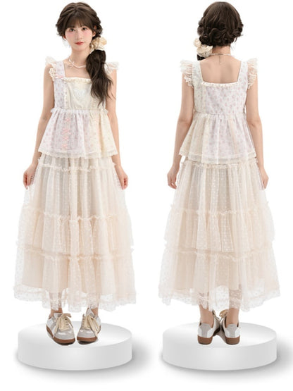 アプリコット ゴムウエスト ハート柄 メッシュ ティアードスカート