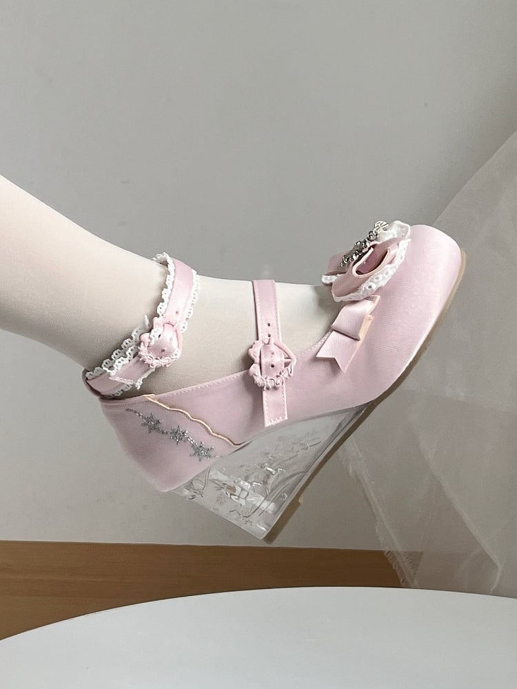 Pink Snow Embroidery Heart Buckle Shoes with Transparent Heel - Vintage Sweetheart