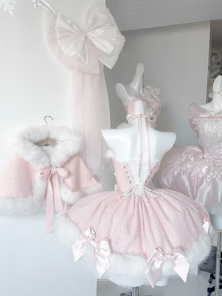 Pink Bow-Embellished Plush Neckline and Hem Boned Dress with Cape Set - POSHEPOSE