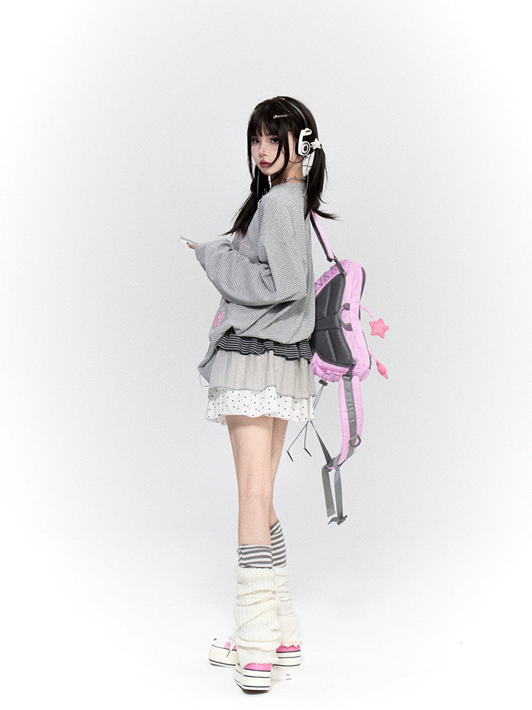 Print with Pink Knit Gray Top White Striped Waffle Bunny Letter Ears