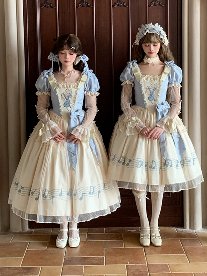 Lolita Blue Note Version Elegant Lace Dress Classic Musical Short Print Beige Violin Embroidery with