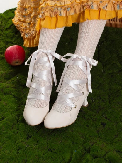 Toe Lacing Design Heels Velvet Delicate with Lolita Beige Graceful for Fashion Pointed -