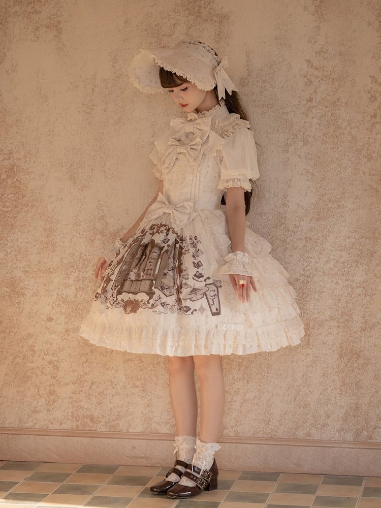 Beige Brown Bunny Print Ruffle Sweet Lolita Jumper Skirt with Bows - NnSTAR