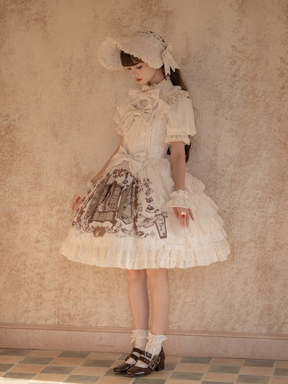 Beige Brown Bunny Print Ruffle Sweet Lolita Jumper Skirt with Bows - NnSTAR