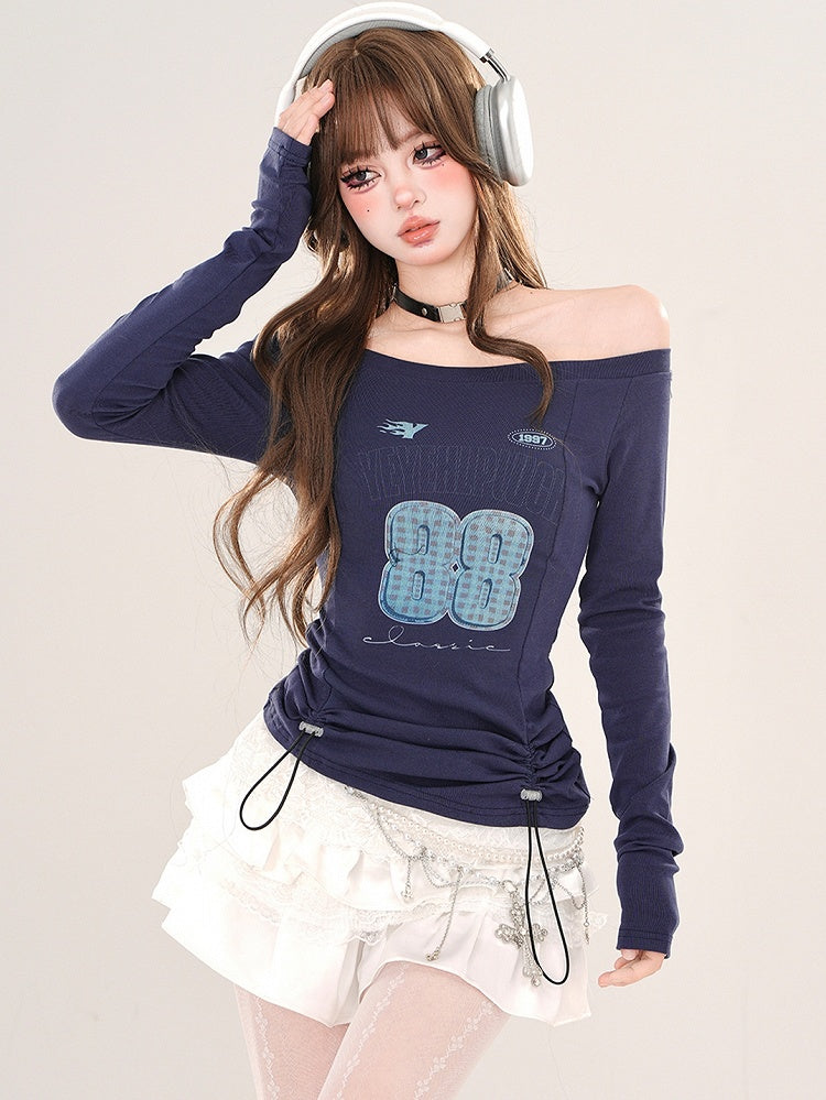 Königsblaues, schulterfreies Top mit Zahlendruck und verstellbarem Kordelzug in der Taille