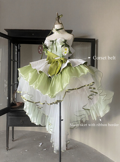 Green Balletcore Puffy Dress with Bow Accents - POSHEPOSE