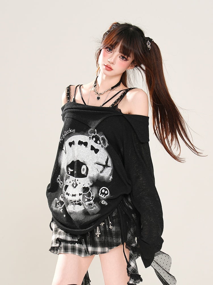 Rebellious Witch Schwarz/Weiß/Grau Ausschnitt Sonne Off-the-Shoulder Schutz Grafik Top