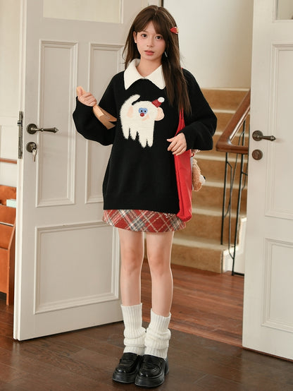 Cute Monkey Pattern Navy Blue Polo Collar Sweater