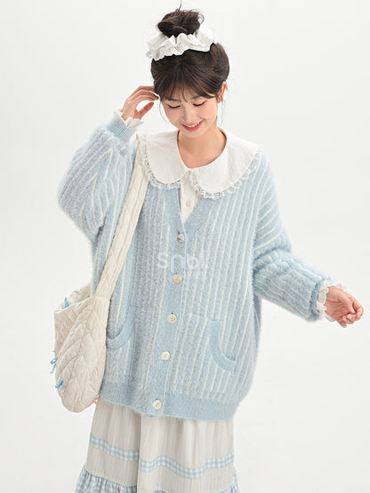 Cute Little Bear Plushie Adorned  Blue Striped Loose Cardigan