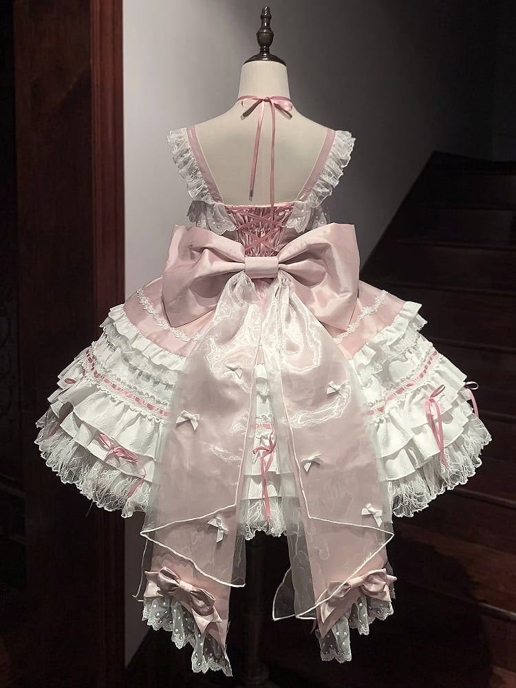 Bows Tiered Decorated Sweet Skirt and Chain Bead Pink White
