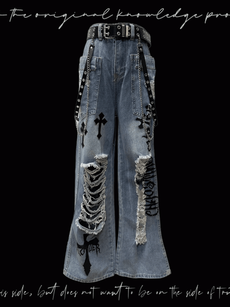 Jeans Wash Glamorous Flared Faded Blue Distressed Holes Cross Appliques