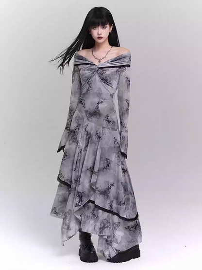 Purple/Dark Gray/Apricot Off-the-Shoulder Butterfly Print Twist Detail Dress