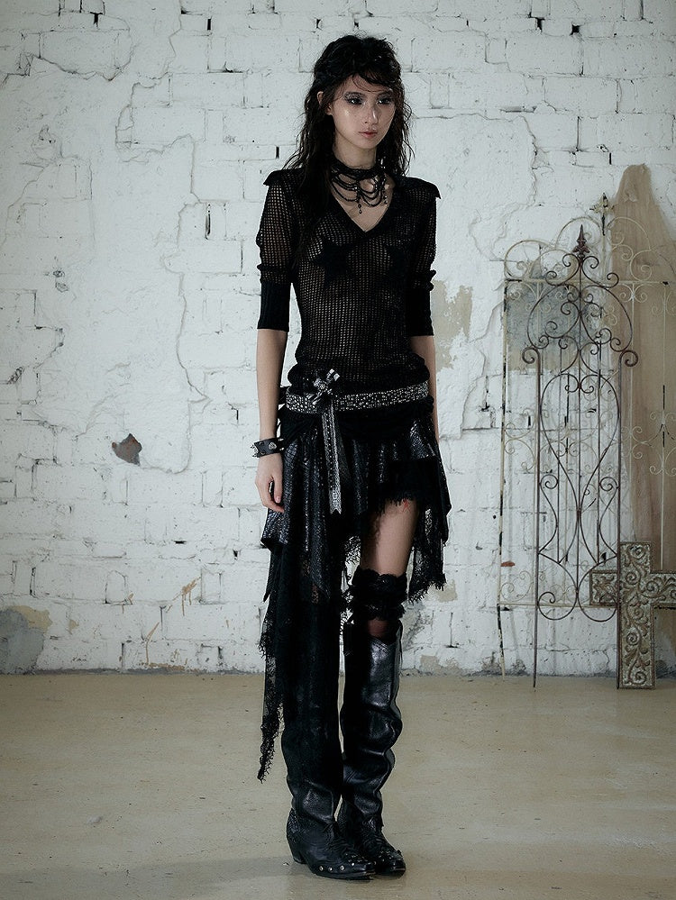 Black Star Pattern V-Neck Knit Top Hollow Out Punk - NO ROMANCE