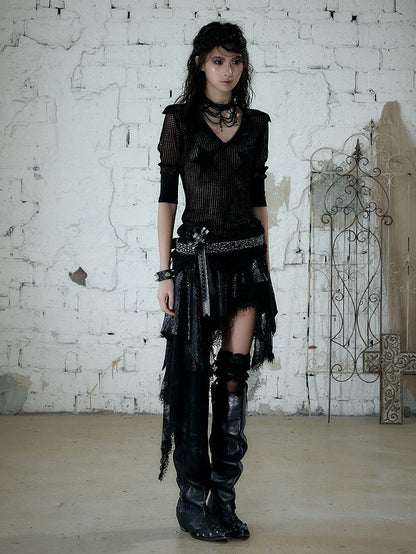 Black Star Pattern V-Neck Knit Top Hollow Out Punk - NO ROMANCE