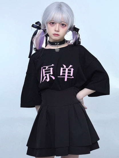 Jirai Oversized Black T-shirt Round Kei Neck Graphic