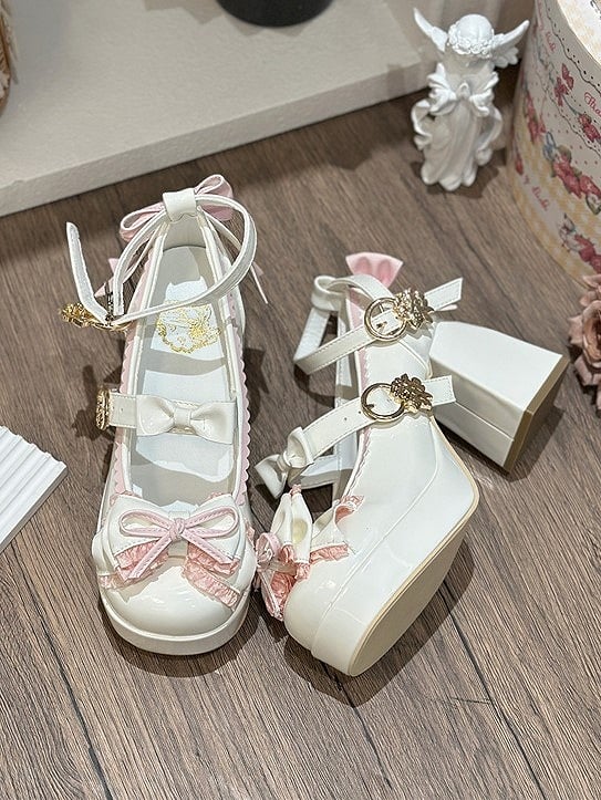 Bow White Height and Lolita Pink Elegant Ankle 8cm Strap Accents with Heel