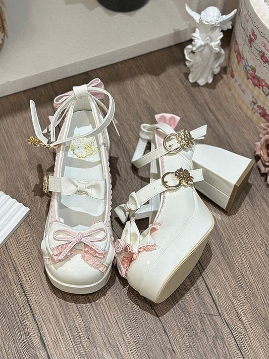 Bow Blanc Hauteur et Rose Lolita Élégant Cheville 8cm Brides à Talons
