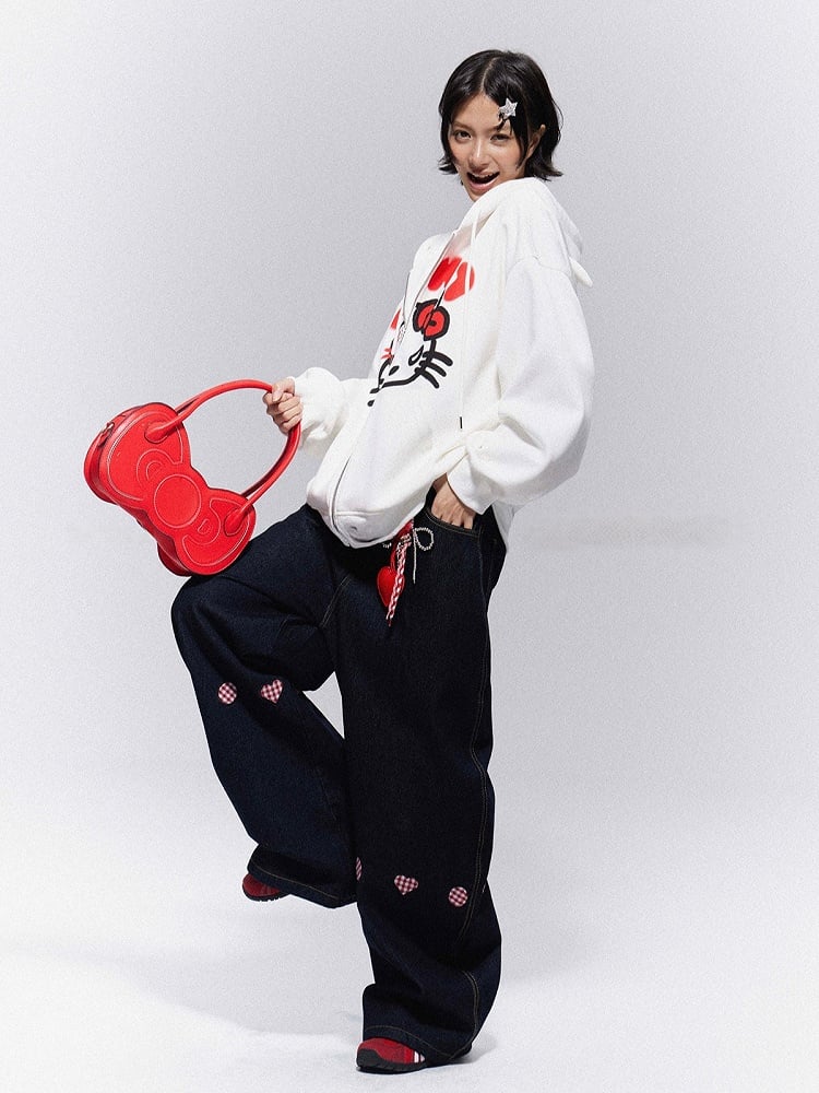 Heart Denim Black with Embroidery Vintage Wide-Leg Trousers Plaid