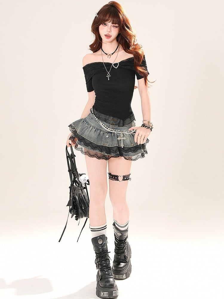 Glamorous Skirt Tiered Denim Trim Bittersweet Lace Black