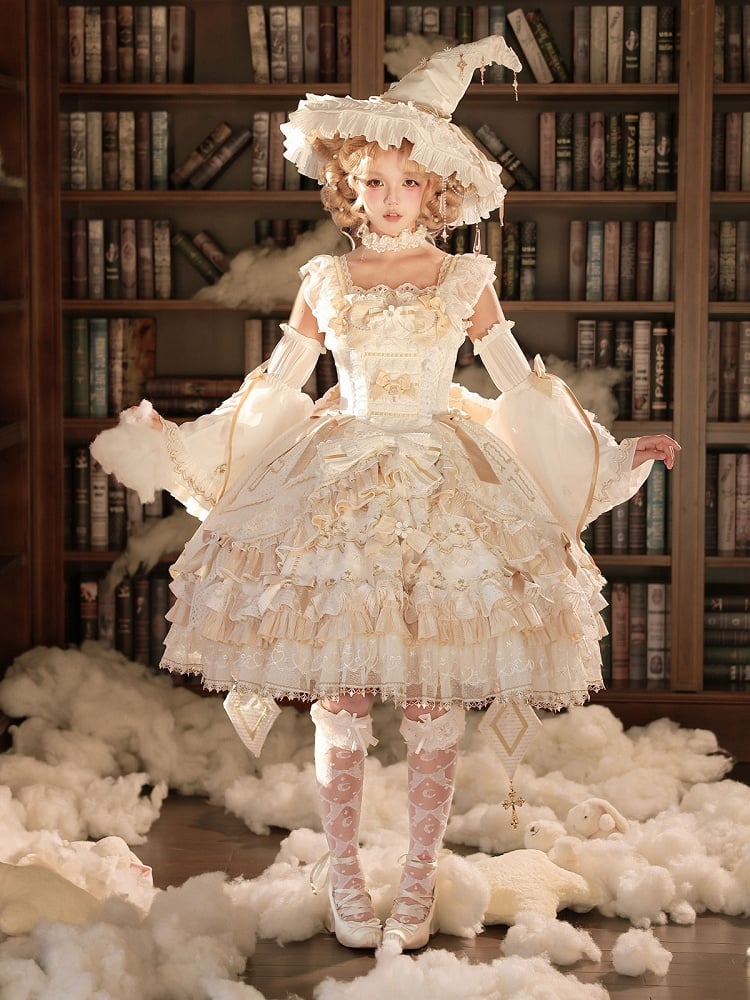 Witch-Themed Cross Accent Lolita JSK Full Ensemble in White and Gold with Oversized Bow Train, Cape, Detachable Sleeves, Hat and Outer Sleeves - Felinae Cookie