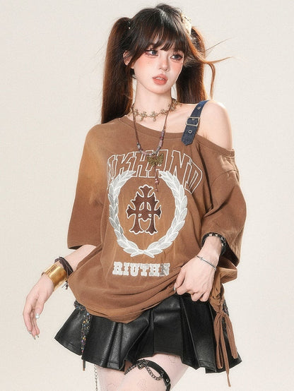T-shirt Letter Asymmetrical Strap Print Neckline Glamorous Buckle Brown