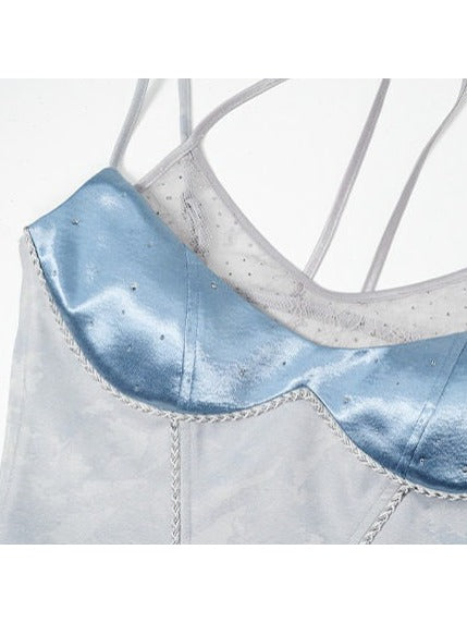 Blue Satin Lace Fake Two-Piece Sleeveless Top with Rhinestone Decoration - Virtual Orbit
