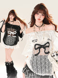 Schwarz/Weiß Große Off-the-shoulder T-shirt Spitze Schleife Patches Druck Taille