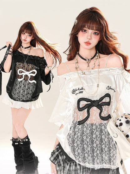 Schwarz/Weiß Große Off-the-shoulder T-shirt Spitze Schleife Patches Druck Taille