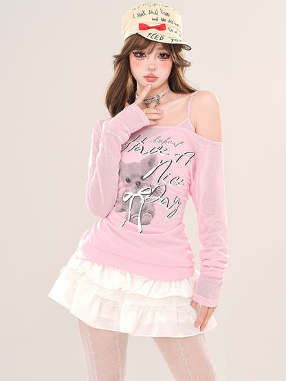 Pink/weißer, asymmetrischer Ausschnitt, Slim-Fit-Top, Fake-Zweiteiler