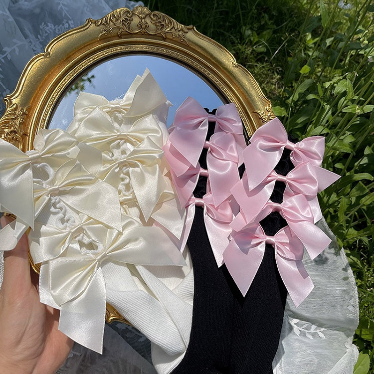 Pink Yellow/Black Design Trim with Cutout Bow Ruffled Decorations Socks Calf White