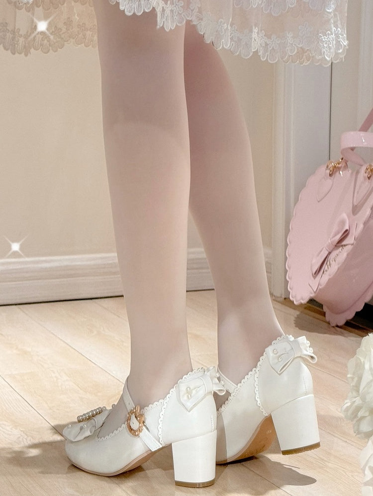 ラウンドロリータラインストーンメリートゥ装飾ディテールホワイト＆ビーズボウノットジェーンズシューズ