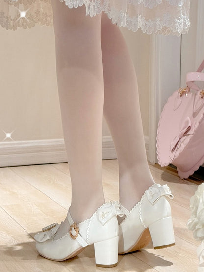 ラウンドロリータラインストーンメリートゥ装飾ディテールホワイト＆ビーズボウノットジェーンズシューズ