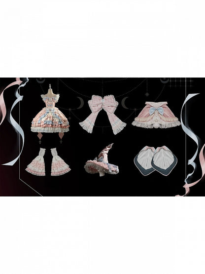 Witch-Themed Lolita JSK Full Ensemble in Pink and Blue with Bow Train, Cape, Detachable Sleeves, Hat and Outer Sleeves - Felinae Cookie