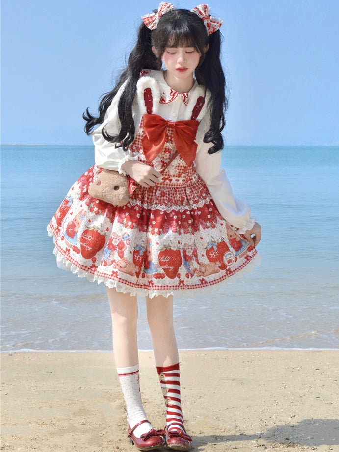 Light Pink Strawberry Print Lace Trim Lolita Bowknot Hairclips